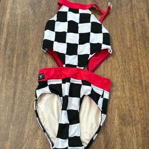 Kandi Kouture red, white and black side cutouts leotard. TXS